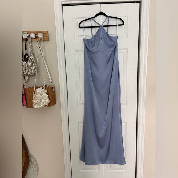 🦋 LULUs Lustrous Love Dusty Blue Satin Halter Cutout Mermaid Maxi Dress. Size XL - Picture 5 of 8